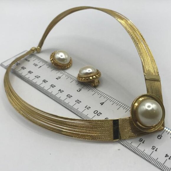 Gold-Tone Multi Layer Memory Wire Choker with Faux Pearl Focal & Earring Set - Picture 11 of 11